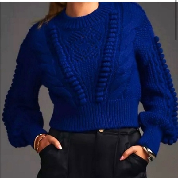 Anthropologie Cropped Cable-Knit Sweater Royal Blue Size XXS - Picture 2 of 11